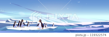 Group of penguins standing on ice landscape Group of penguins standing on ice landscape 119322574