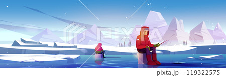 Male fisher sitting on frozen lake with rod 119322575