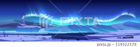 Aurora borealis shimmering above ice landscape Aurora borealis shimmering above ice landscape 119322578