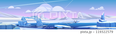 Winter river landscape with ice floes Winter river landscape with ice floes 119322579