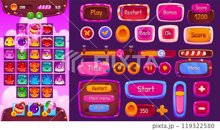 Ui candy match game interface with button and icon Ui candy match game interface with button and icon 119322580