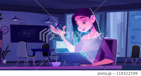 Happy woman work with tablet in office at night 119322599