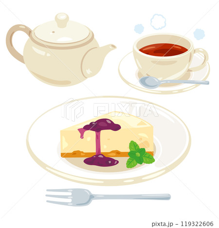 皿に盛られたレアチーズケーキと紅茶セット 119322606