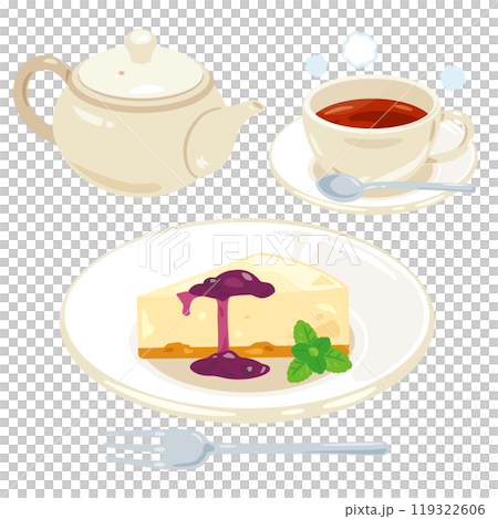 Rare cheesecake served on a plate and a tea set 119322606