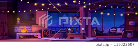 Fireplace, garland in night winter chalet interior 119322607