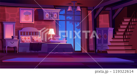 Castle bedroom interior at night illustration 119322614