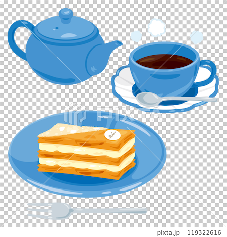 Millefeuille on a plate and a coffee set 119322616