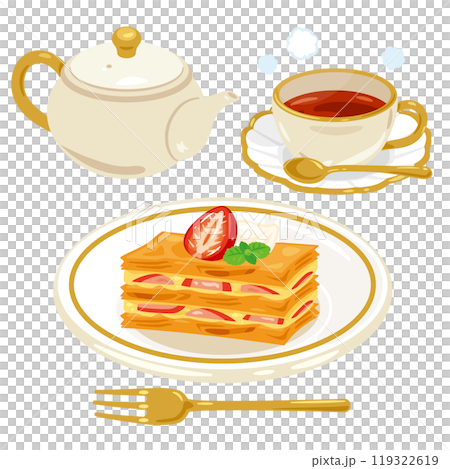 Napoleon pie on a plate and tea set 119322619