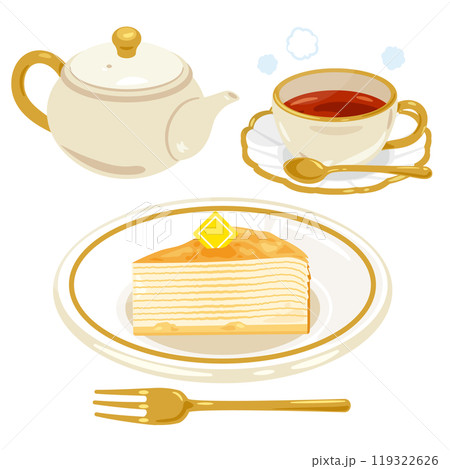 皿に盛られたミルクレープと紅茶セット 119322626
