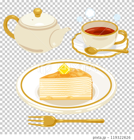 皿に盛られたミルクレープと紅茶セット 119322626