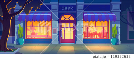 Night cafe facade, silhouettes of people inside 119322632