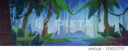 Fantasy forest with rain cartoon vector background Fantasy forest with rain cartoon vector background 119322757