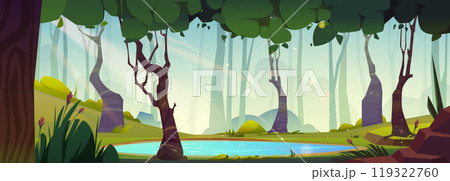 Sunny day in green forest with blue lake 119322760