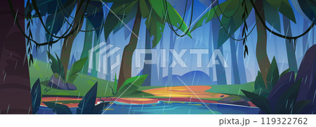 Rain in green tropic forest with lake cartoon Rain in green tropic forest with lake cartoon 119322762