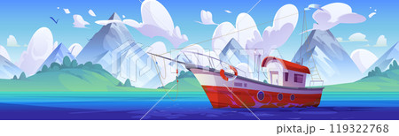 Fish boat in sea near island mountain landscape Fish boat in sea near island mountain landscape 119322768