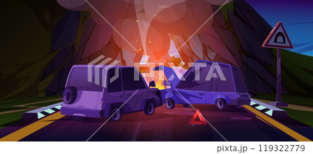 Night car crash near on mountain tunnel road 119322779