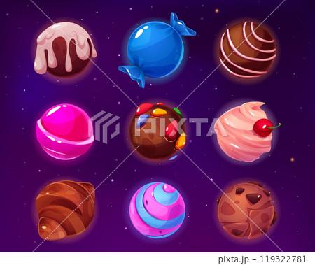 Fantasy candy planet in cartoon vector set. 119322781