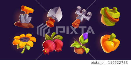 Farm game icons set of gardening tools and harvest Farm game icons set of gardening tools and harvest 119322788