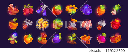 Cartoon gardening tools and vegetable harvest set Cartoon gardening tools and vegetable harvest set 119322790