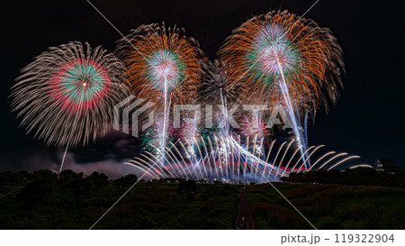 約三万発の花火が夜空を彩る利根川花火大会、四大花火師の競演の日本一美しい花火、芸術花火、アート 119322904