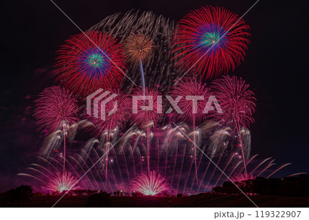 約三万発の花火が夜空を彩る利根川花火大会、四大花火師の競演の日本一美しい花火、芸術花火、アート 約三万発の花火が夜空を彩る利根川花火大会、四大花火師の競演の日本一美しい花火、芸術花火、アート 119322907