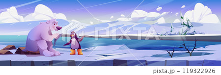 Polar bear and penguin on ice landscape 119322926