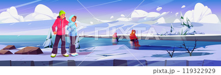 Frozen north landscape with fisherman background Frozen north landscape with fisherman background 119322929