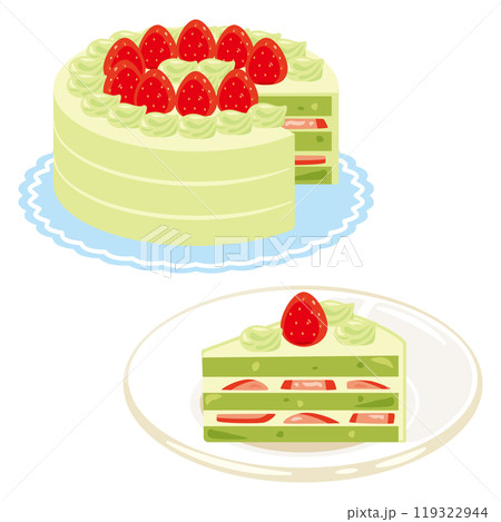 苺の抹茶ホールケーキと苺の抹茶ショートケーキセットのイラスト