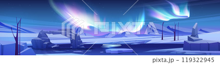 Alaska night cartoon background with polar aurora 119322945