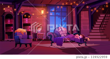 Girl lying on sofa in living room at night cartoon 119322959