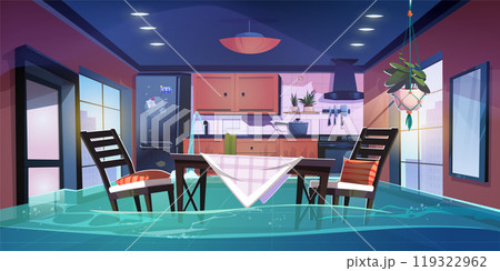 Flood in broken kitchen house room vector cartoon 119322962