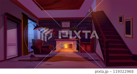 Fireplace in house living room interior at night Fireplace in house living room interior at night 119322968