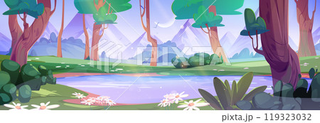 Dawn in forest with mountain view vector landscape 119323032