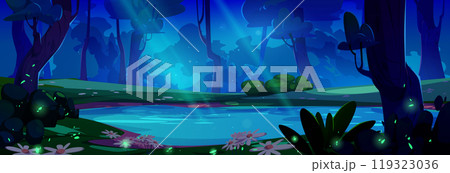 Night forest lake with firefly glow landscape 119323036