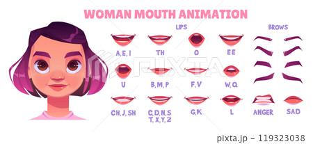 Woman character mouth sync pronunciation vector 119323038