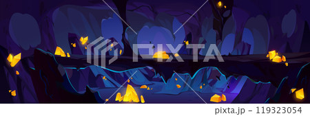 Dark cave with stone walls and golden crystals. Dark cave with stone walls and golden crystals. 119323054