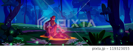 Man burning campfire sitting on log in forest Man burning campfire sitting on log in forest 119323055