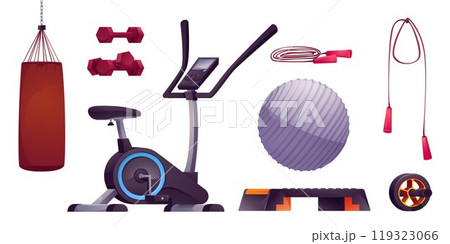 Vector sport gym exercise equipment cartoon set Vector sport gym exercise equipment cartoon set 119323066
