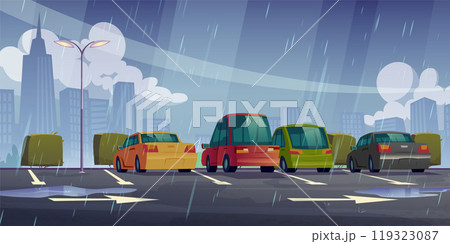 Rain on car lot and city street road illustration 119323087