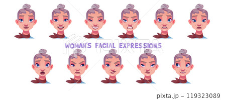Old woman facial expression cartoon vector set Old woman facial expression cartoon vector set 119323089