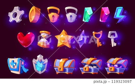 Casino ui game icon set with chest, coin and heart 119323097