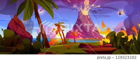Volcano eruption landscape cartoon background 119323102