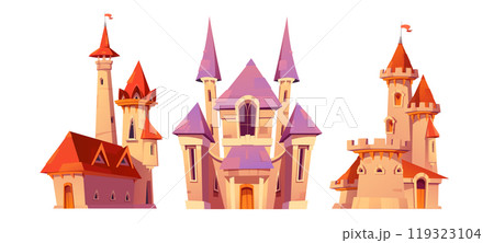 Fairy tale pink princess castle cartoon vector set 119323104