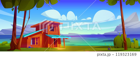 Wooden house against lake and mountain landscape 119323169