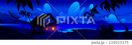 Old wooden house against night river landscape Old wooden house against night river landscape 119323175