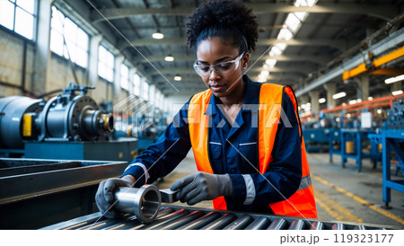 Female factory worker is measuring a steel part using a caliper while working on a production line 119323177