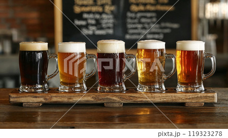 Different beer types standing on wooden tray in a row in pub 119323278