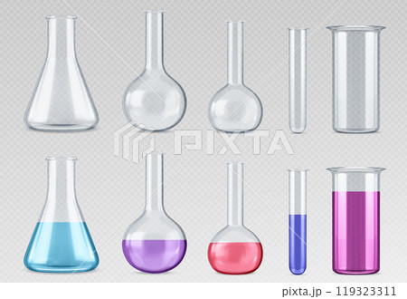 Chemistry measuring glass tubes and beakers. Chemistry measuring glass tubes and beakers. 119323311