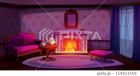 Victorian living room interior with fireplace 119323350
