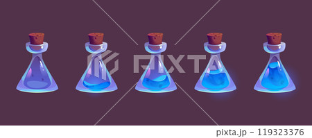 Glass bottles with blue magic elixir 119323376